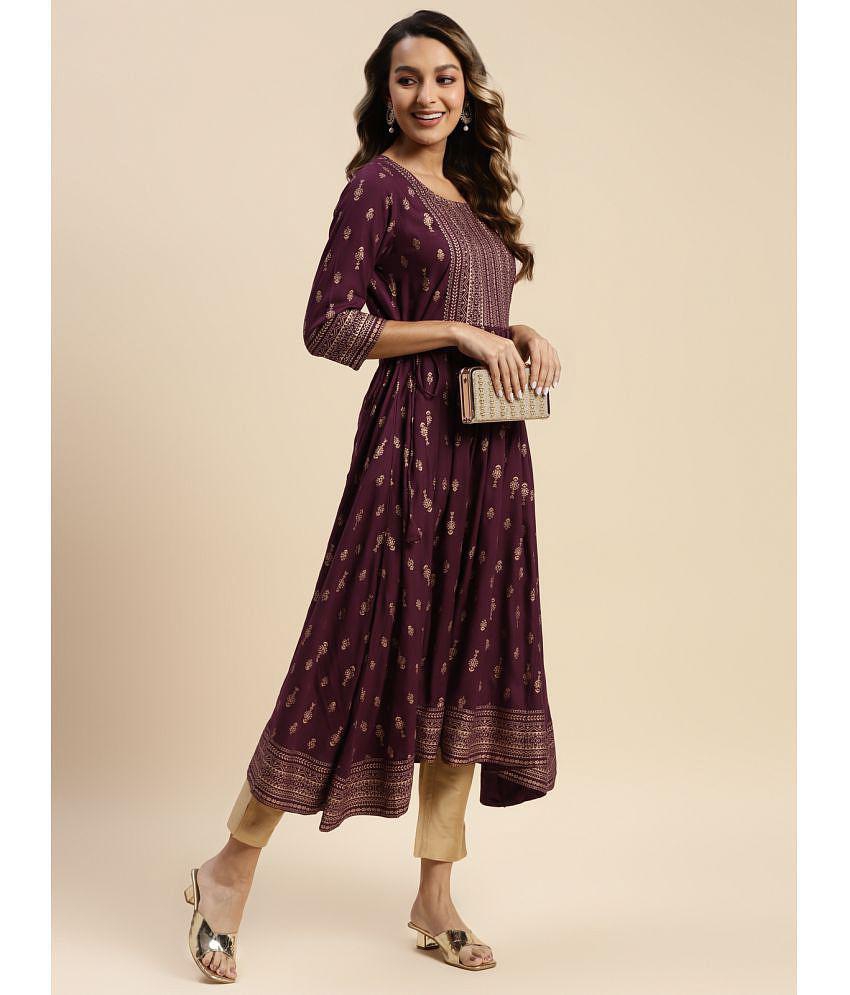 Rangita Women Rayon Wine Gold Printed Calf Length Kurti Anarkali - 4XL, Wine