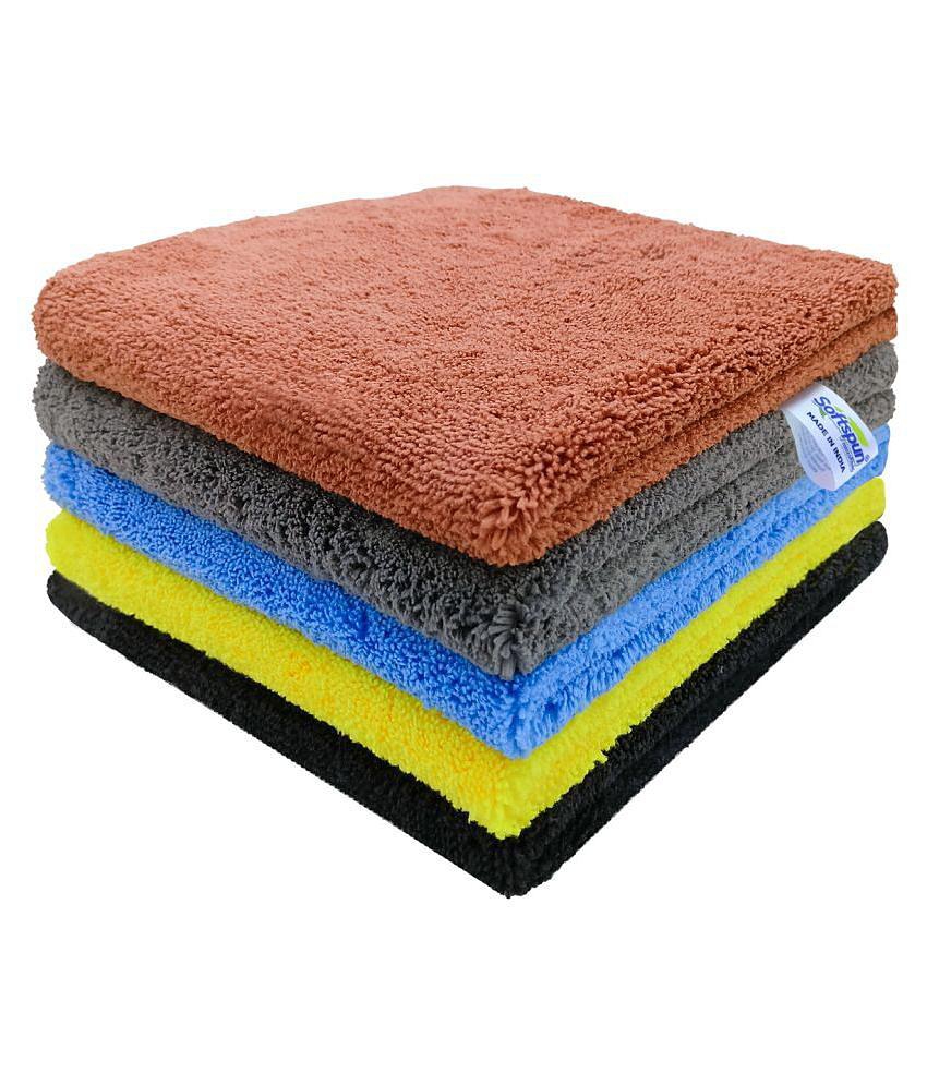 SOFTSPUN Microfiber High Loop Cleaning Cloths, 40x40 cms 5 pcs Towel Set 380 GSM (Multi-Color). Thick Lint & Streak-Free Multipurpose Cloths.