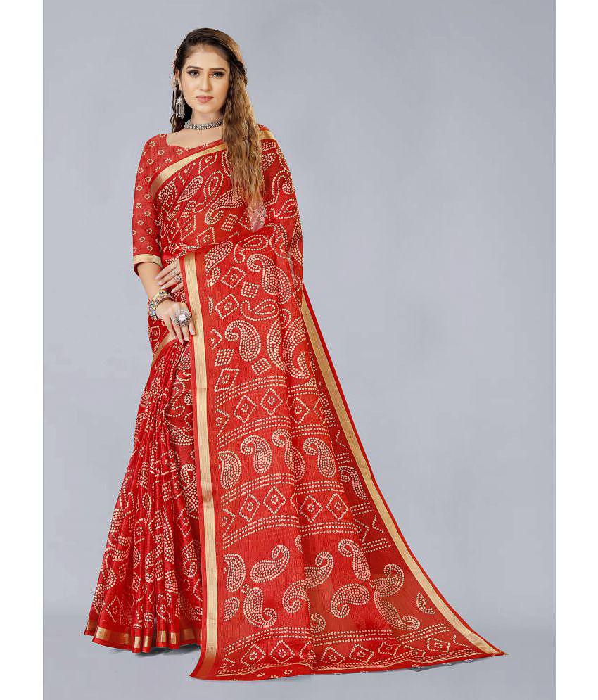 Bhuwal Fashion - Red Cotton Saree With Blouse Piece ( Pack of 1 ) - Red