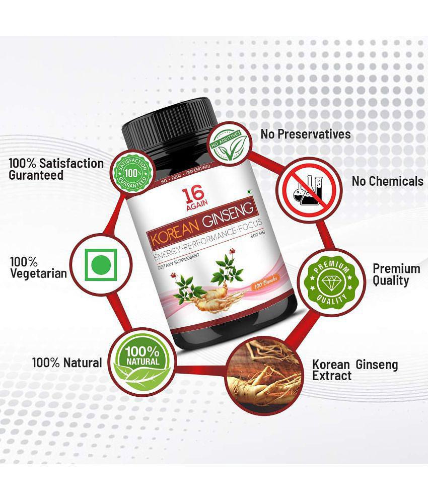 16Again Korean Red Ginseng 500 mg - 100 Capsule | For Energy, Performance, Stress and Focus