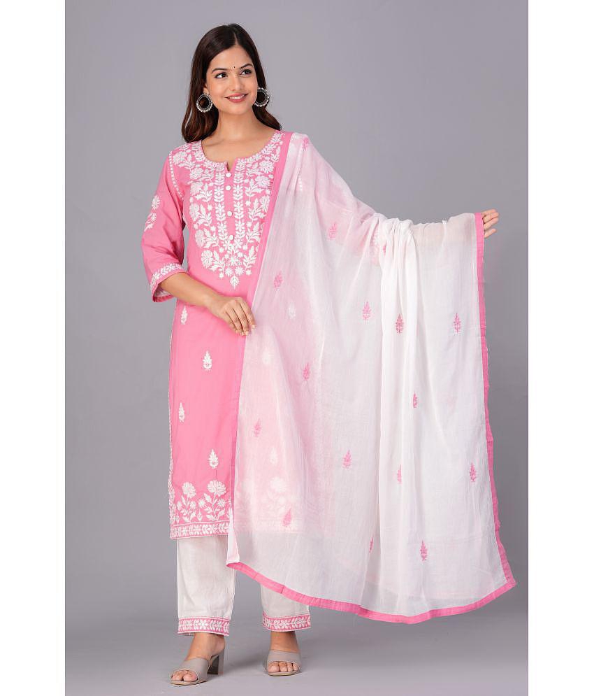 Doriya Cotton Blend Embroidered Kurti With Pants Women's Stitched Salwar Suit - Pink ( Pack of 1 ) - None