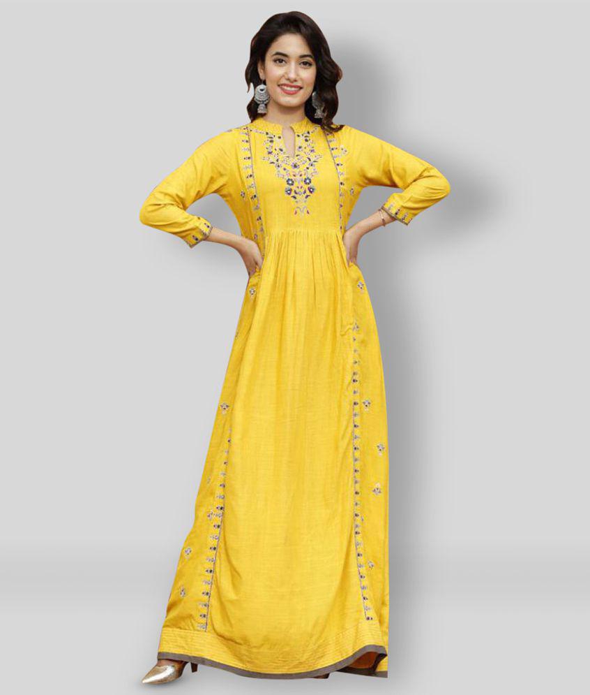 Doriya - Yellow Rayon Women's Flared Kurti ( Pack of 1 ) - M