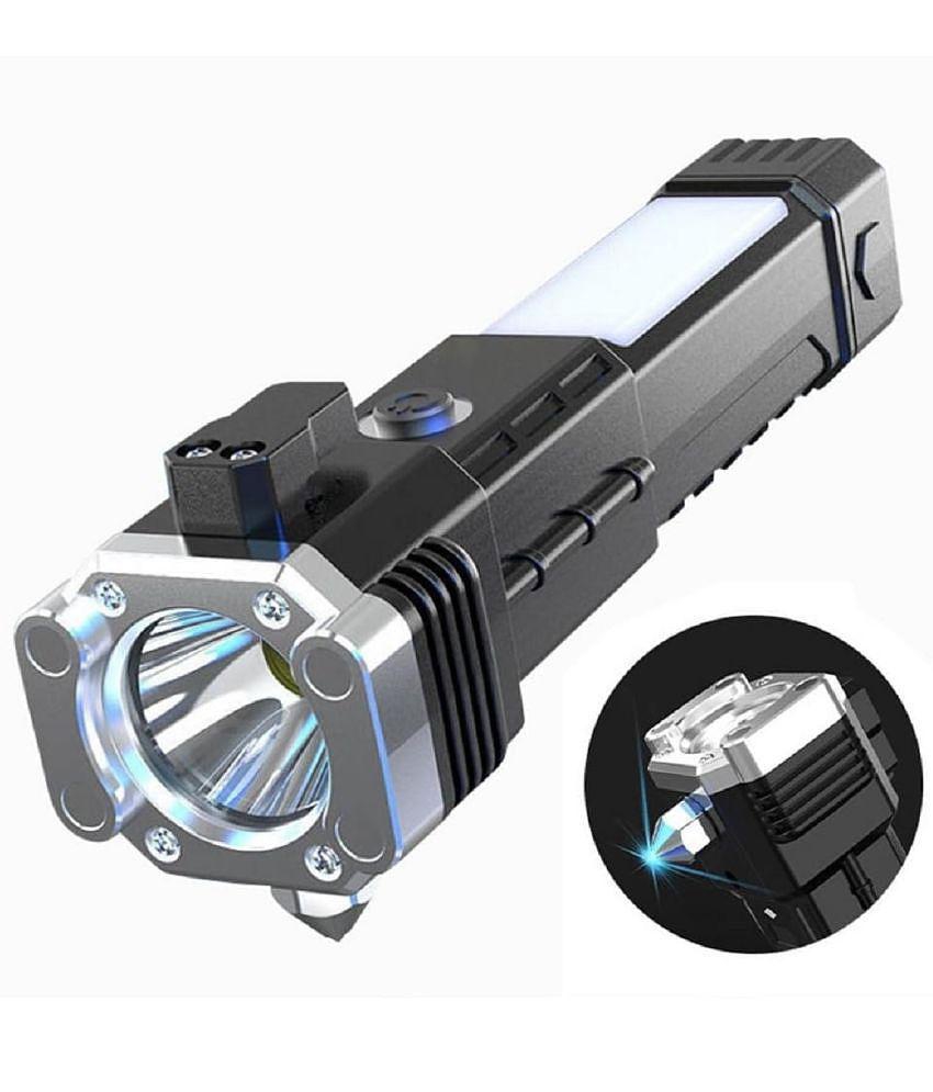 18-ENTERPRISE Portable Rechargeable Torch Led Flashlight Long Distance Beam Range, Hammer and Strong Magnets, Car Rescue Light, Led 3W Light Flashlight, Long Seat Belt Cutter Built. - Black