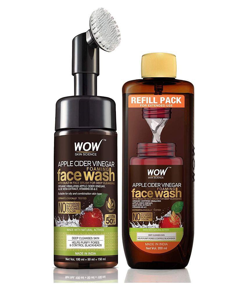 WOW Skin Science Apple Cider Vinegar Foaming Face Wash Save Earth Combo Pack- Consist of Foaming Face Wash with Built-In Brush & Refill Pack - No Parabens, Sulphate, Silicones & Color - Net 