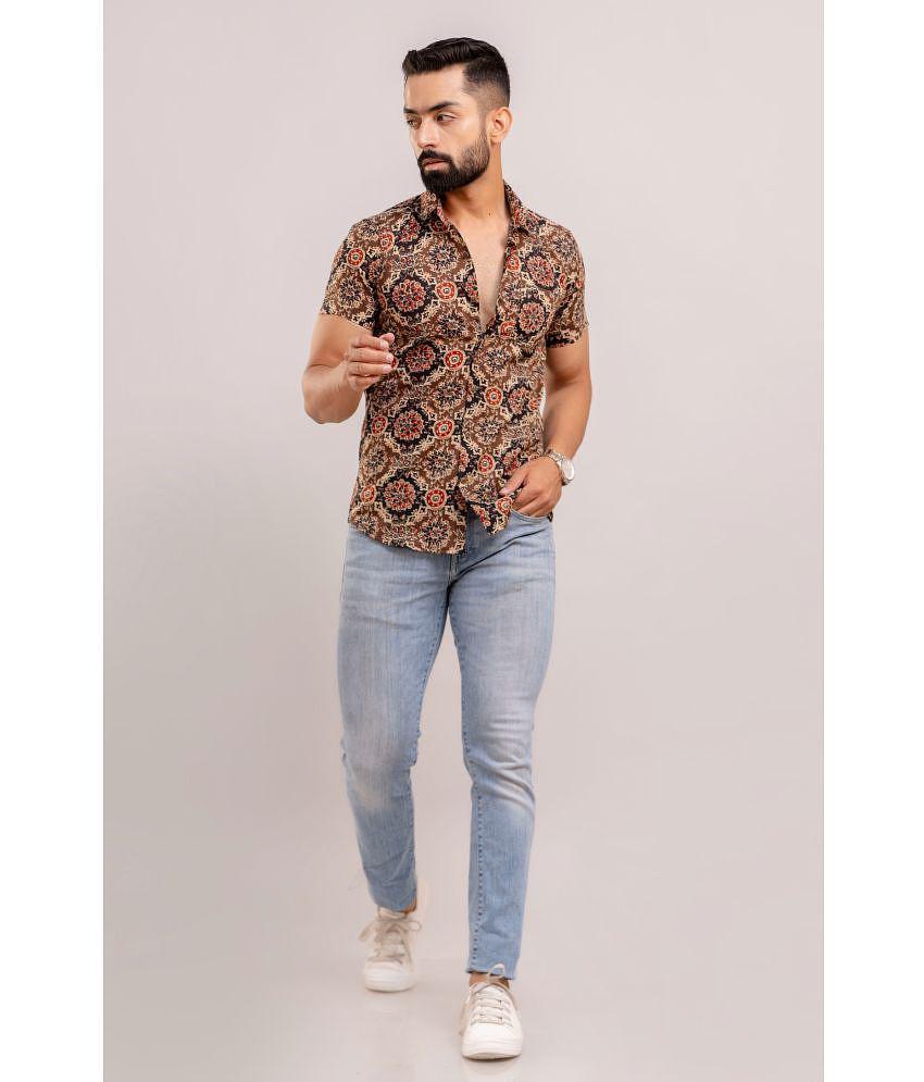 Exclusive Men Frionkandy 100% Cotton Regular Fit Printed Half Sleeves Mens Casual Shirt - Brown 