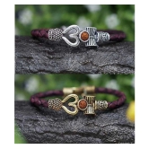 OM Trishul Damroo Designer Oxidized Gold & Silver Leather Kada Bracelet Set - None