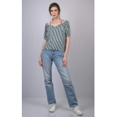 White and Green Striped Relaxed Fit Boat Neckline Top (OTL-TPS1021)-Blue / M