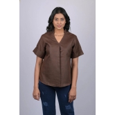 Halfsleeve top party wear western wear trending top Dark Brown Colour V-Neck Top With Collar (OTL-TPS1046)-Brown / M