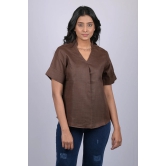 Halfsleeve top party wear western wear trending top Dark Brown Colour V-Neck Top With Collar (OTL-TPS1046)-Brown / M