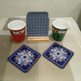 Printed Reversible Wooden Square Coasters (Set Of 6)-Navy