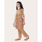 Kids Girls Embrodeary Cotton Printed Fullstiched Nayara Cut Kurtis with Bottom Dupatta set, Kid dresses-Yellow / 4 - 5 Years