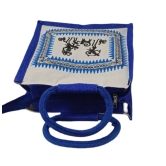 Handmade Jute Bag with Blue Trim and Traditional Indian Design