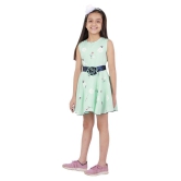 Kids Cave Dress For Girls Fit And Flare Round Neck Knee Length Navy Blue Satin Waist Belt With Flower Fabric Rayon (Color Light Green Size 3-12 Years) - None