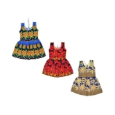 Sathiyas Blue, Red and Beige Girls Gathered Cotton Frock Pack of 3 - None