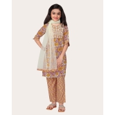 Kids Girls Embrodeary Cotton Printed Fullstiched Nayara Cut Kurtis with Bottom Dupatta set, Kid dresses-Yellow / 4 - 5 Years