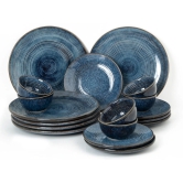 Reactive Handcrafted Premium Ceramic Dinner Set | 6 Dinner Plates, 6 Quarter Plates, and 6 Small Dinner Bowl | Stoneware | Microwave and Dishwasher Safe | Pack of 18 | Reactive Blue