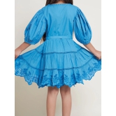 Etoile Puff Sleeves Cotton Slub Girls Dress - Blue-12-13Y