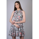 Grey Floral Print Fit and Flare Dress (OTL-DRS1001)-Grey / S