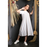 OWO THE LABEL Stripe Print Women Dress Dungaree Style Striped Dress (OTL-DRS1090)-White / XL