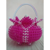 Handcrafted Pink and White Beaded Basket with Handle