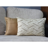 Hand Embroidered Metallic Zig Zag Lines Pattern Art Silk Cream Lumbar Cushion Cover Size 12x18