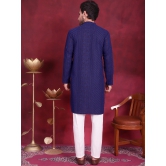 Mens Chikankari Embroidered Kurta Pyjama Set-L / Navy-Blue