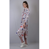 Cotton long shirt style dress for women dresses party wear collor neck Off White Floral Print Flared Long Dress with  Belt (OTLDRS1001)-White / XL