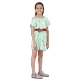 Kids Cave Dress For Girls Fit And Flare Cut-Out Frill Shoulder Round Neck Knee Length Red Waist Belt With Flower Fabric Rayon (Color Light Green Size 3-12 Years) - None