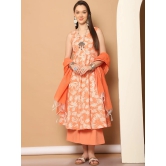 Printed orange flared kurta pallazos dupatta set-S / Orange