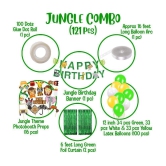 Party Propz 121Pcs Jungle Safari Theme Party Decorations Set Happy Birthday Banner, Jungle Theme Photobooth, Multicolour Latex Balloons, Green Foil Curtain, Glue Dot and Arc for Kids Birthda