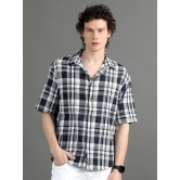 Premium Men Oversized Shirt, Yarn Dyed Stripes, Textured Fabric, Half Sleeve, Cotton, Blue-L / Blue Checks