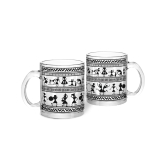 Indigifts Transparent Mug for Coffee Warli Art Printed Transperant Glass Tea Mug Set Of 2, Crystal Clear Glass Coffee Mug Set, Crystal Clear Glass Mug Set, Printed Glass Cup for Tea, Glass for Coffee