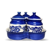 Ceramic Dining Royal Blue Floral Hand-painted Three Pickle Ceramic Jars With Tray