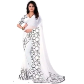 New georgette Satin Patta Saree with Blouse piece-Free SIze / White