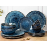 Handcrafted Stoneware Reactive Glaze Ceramic Dinner Set, 14 Pieces Serving for 4, Microwave and Dishwasher Safe, Bone-ash Free, Crockery Set for Dining and Gifting, Reactive Blue