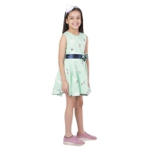 Kids Cave Dress For Girls Fit And Flare Round Neck Knee Length Navy Blue Satin Waist Belt With Flower Fabric Rayon (Color Light Green Size 3-12 Years) - None