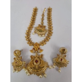 Bridal Gold Plated Antique Temple Jewellery Set With Ruby Stones