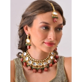 Gold Plated Kundan Beaded Necklace, Earrings and Maang Tikka Set