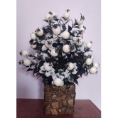 BAARIG - White Cherry Blossom Artificial Flowers With Pot ( Pack of 1 )