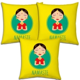 Indigits Festival Gifts Diwali Christmas New Year Set of 3 Yellow Warm Greeting Namaste Indian Lady Printed Polyester 12X12 Cushions Home Family Friends