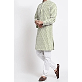 Men's Green Cotton Chikan Kurta