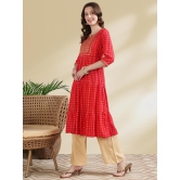 Rangita Women Rayon Red Embroidered Ankle Length Tiered Flared Kurti - None