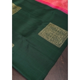 Bottle Green Borderless Kanjivaram Soft Silk Saree with Square Motifs and contrast Pallu| SILK MARK CERTIFIED