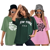 London Hills Women Printed Round Neck Oversized T-Shirt | Loose Fit Drop Shoulder T-Shirt Pack of 3