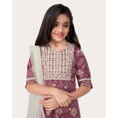 Kid Girls Embroidered Cotton Printed Full stitched Nayara Cut Kurtis with Bottom Dupatta set-Purple / 13 - 14 Years