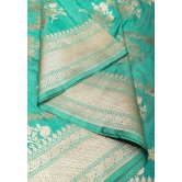 Cyan Banarasi Katan silk saree with leheria pattern and floral zari border | SILK MARK CERTIFIED