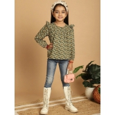 MINI & MING Girls Floral Printed Round Neck Puff Sleeves Pleated Blouson Top