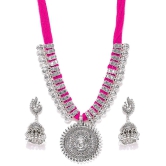 Youbella Antique German Silver Oxidised Plated Tribal Cotton Thread Jewellery Set For Women & Girls (Pink) - Pink