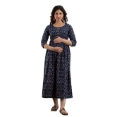 KASHVI Creation Women's Cotton Floral Printed Anarkali Maternity Feeding Kurti-Navy Blue