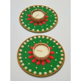 Exquisite Handcrafted Green and Red Pearl Diya Set